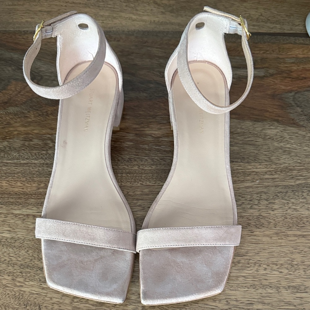Stuart Weitzman Blush Suede Square-Toe Ankle Strap Heels